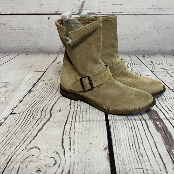 Shoes - Vera Gomma Boots Womens 37 6.5 Tan Mid Calf‎ Moto Biker Camel Pull On Suede